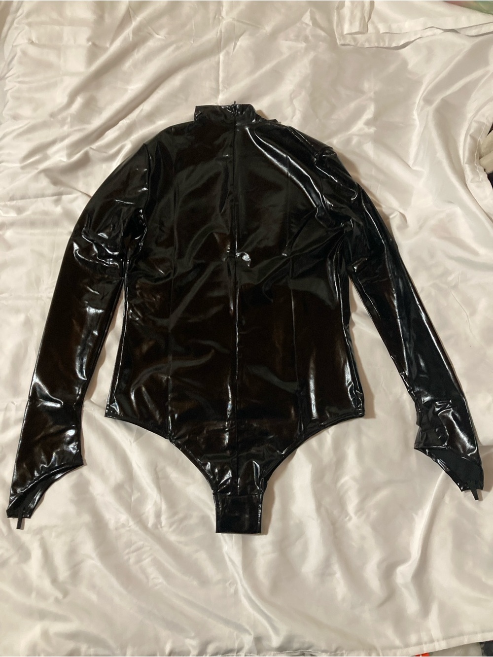 Faux Leather Long Sleeve Black Bodysuit [L]
